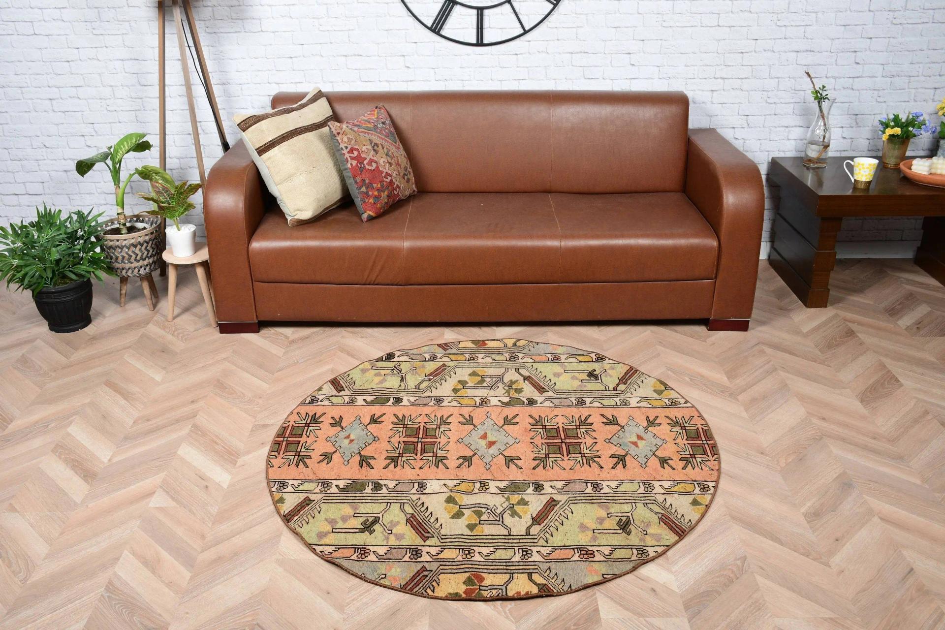 4.3x4.3ft Handmade Orange Wool Rug, Vintage Turkish Accent Rug