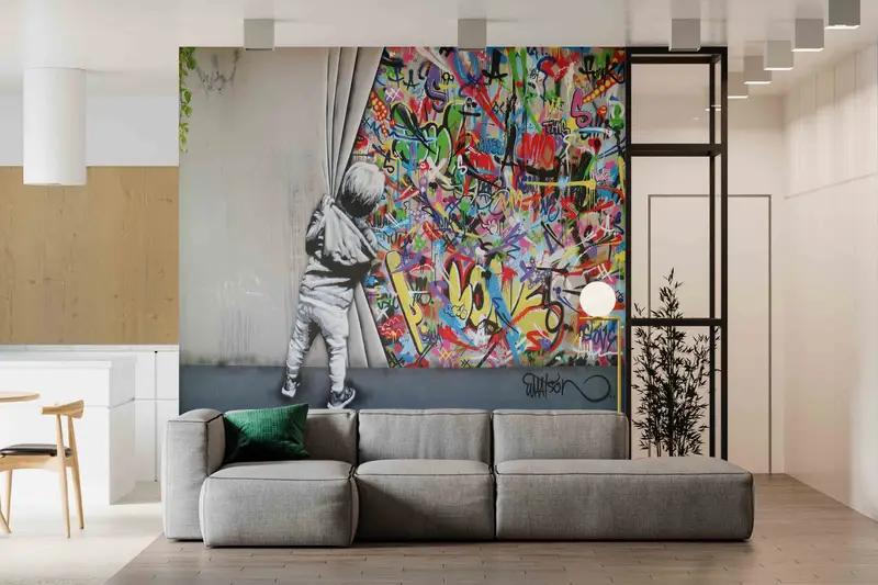 Artistic Banksy Boy Graffiti Printed Wallpaper - Vibrant Room Decor - 1