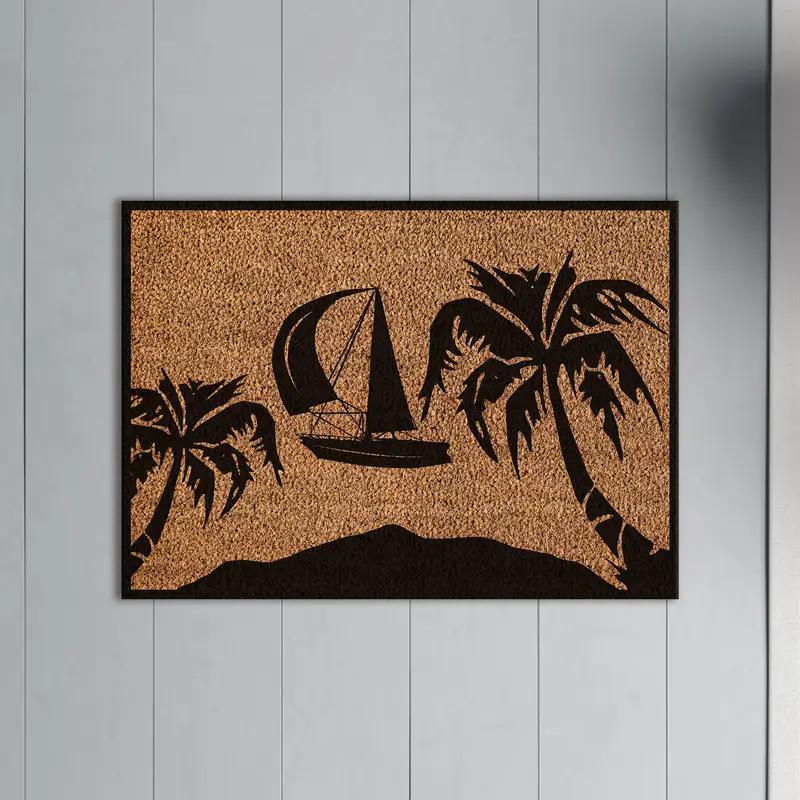 Elegant Printed Rug: Tropic Doormat with Palm & Boat Design - 1