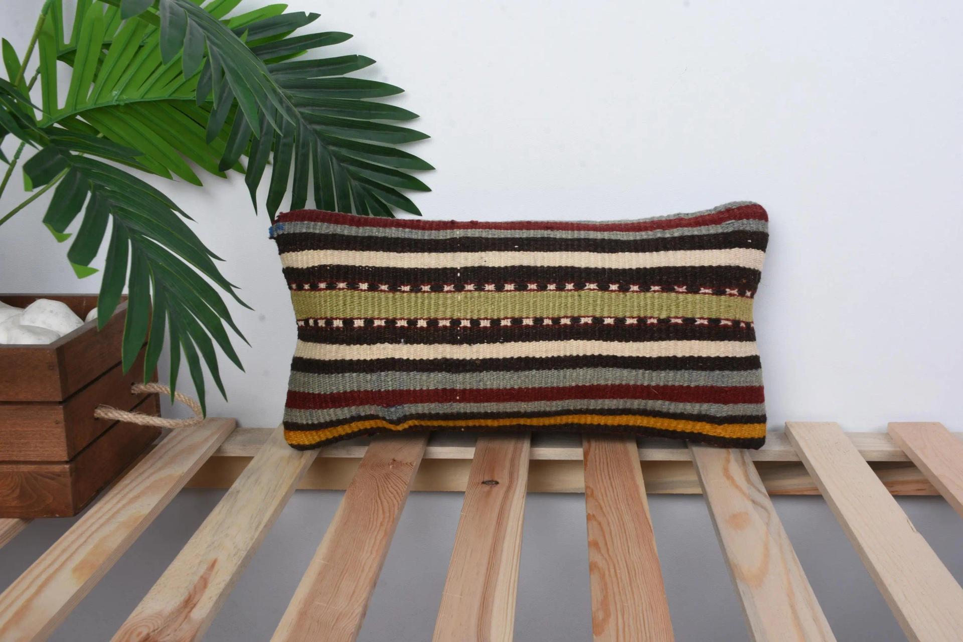 Green & Brown Striped Throw Pillow, 8x16 Inches, Handmade Cotton Cushion