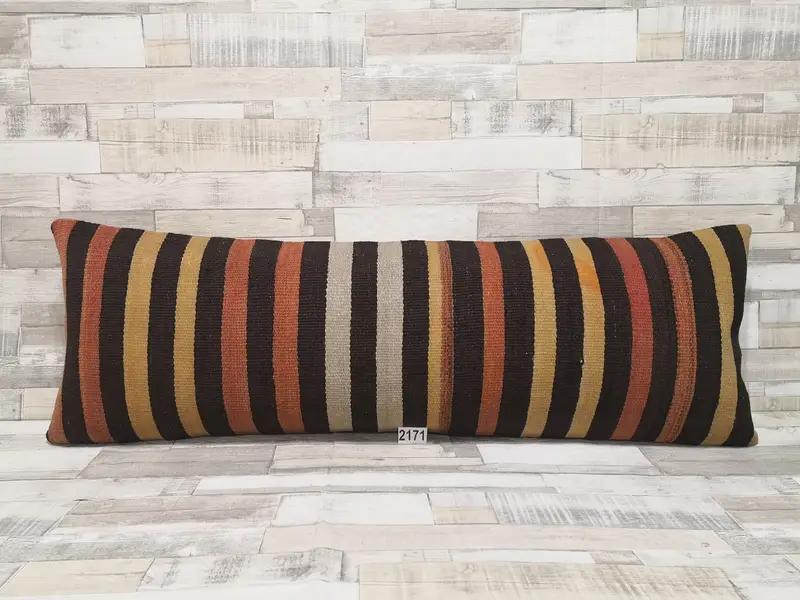 Handcrafted Red & Yellow Striped Wool Throw Pillow, 16x48 Inch Rectangle Pillow - 1