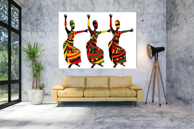 Lienzo de bailarina de mujer africana, lienzo de arte de pared de estilo afro, vestidos étnicos lienzo de baile, decoración colgante de paredes, juego de 3 arte de pared de decoración del hogar, - 1