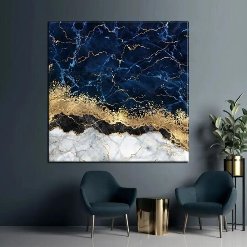 Navy Blue Wall Art, Marble Wall Decor, Saloon Decoration, Living Room Canvas, Gold Wall Art, Marble Canvas Print, Luxury Wall Decor, - 1