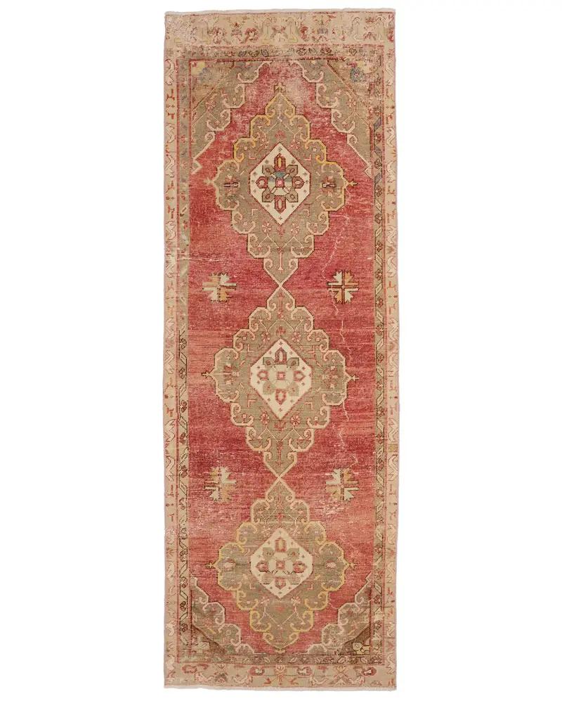 Red Ikat Rug, 3,2x9,3 ft with Green Accents - 1