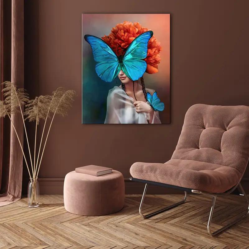 Arte de pared de retrato surrealista, decoración de pared de mariposas, arte de lona abstracta, arte de pared de flores de peonía, hermoso arte surrealista, foto interior - 1