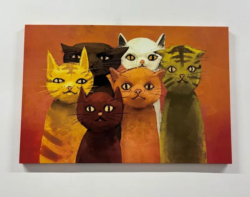 Seis gatos, lindos lienzo de gatos, arte de pared de gatos, póster de gatos, decoración de la pared de gatos, pintura de gatos, estampado de gatos, arte de pared de animales, lienzo de animales, estampado abstracto - 1