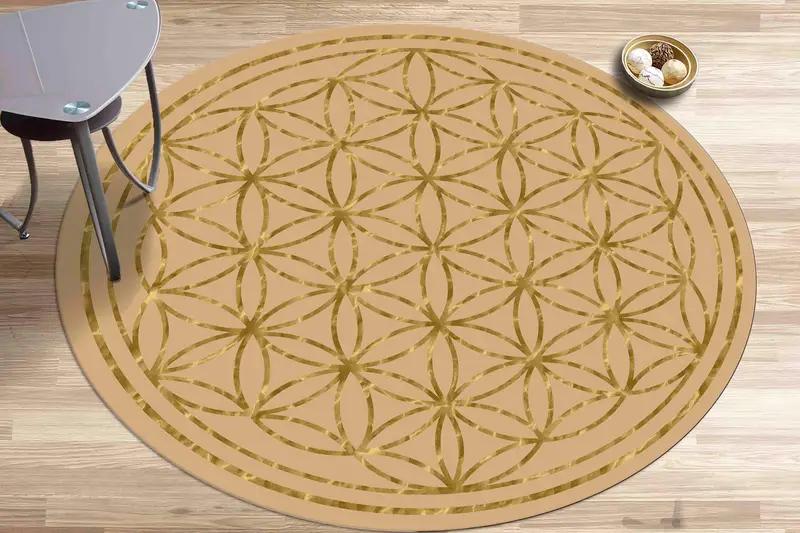 Gold Circle Geometric Printed Rug: Modern, Round Design - 1