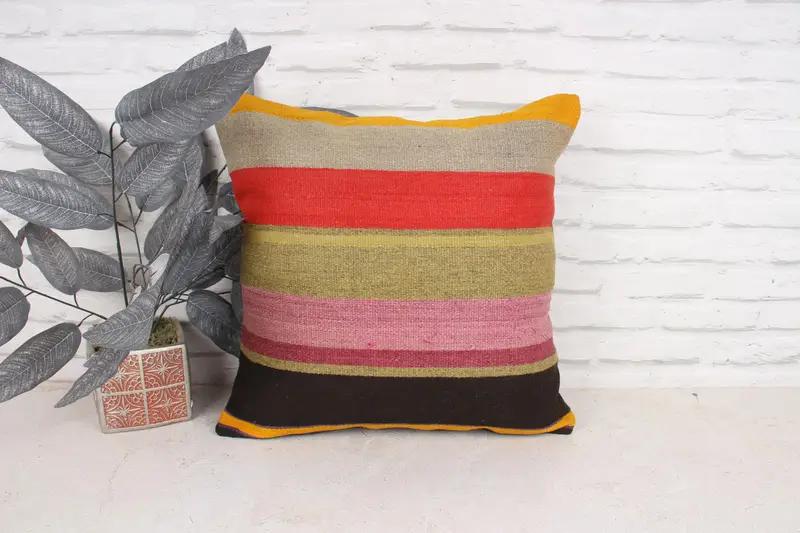 Orange & Yellow Striped Pillow, Size 18x18 Inches Decorative Pillow - 1