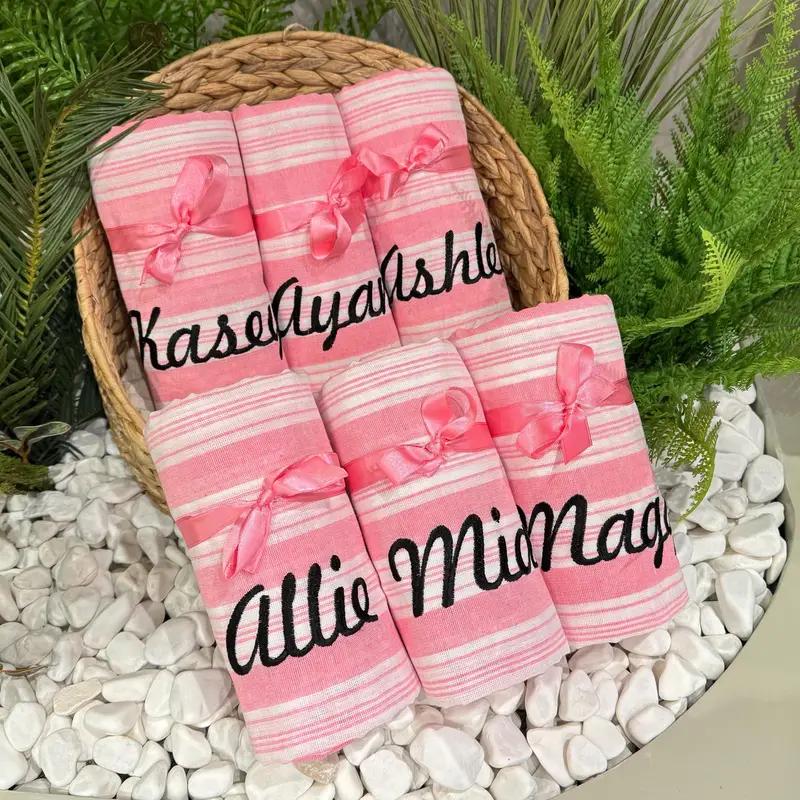 Personalized Pink Turkish Towel – Organic Cotton Bridesmaid Gift, Embroidered Beach Towel for Bachelorette Party, Spa, or Travel - 1