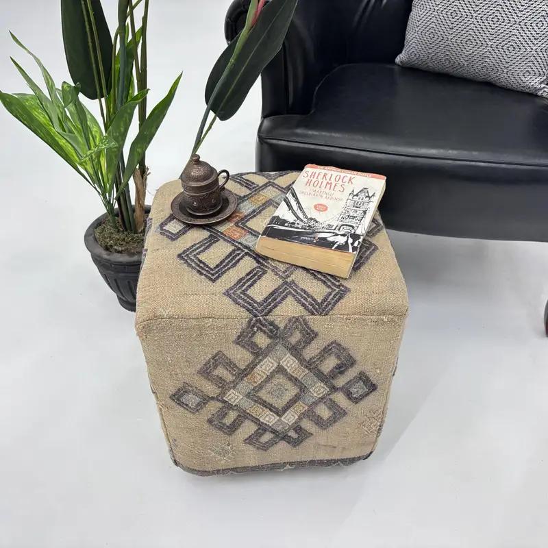 Modular Beige & Gray Kilim Ottoman, 15x15x18 Inches Wool Blend Pouf - 1