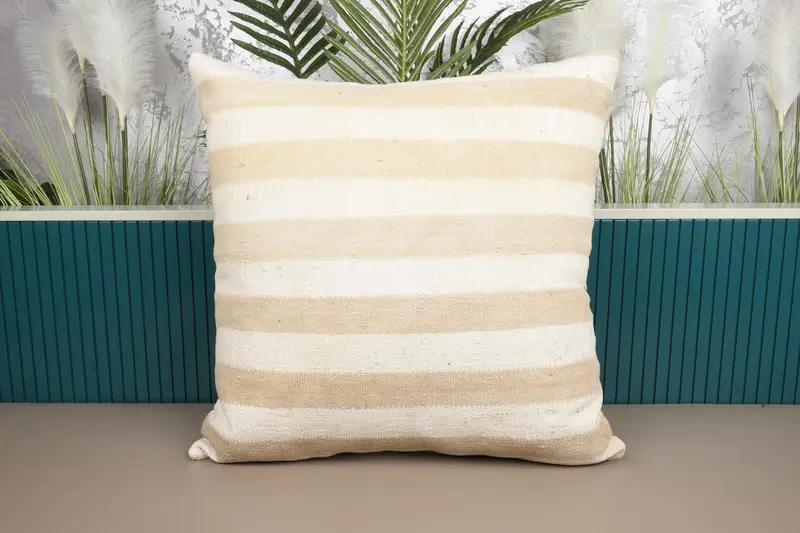 Embroidered Striped Throw Pillow, 28x28 Handmade Cushion - 1