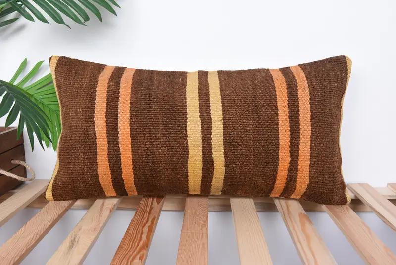 Brown & Beige Striped Pillow, 12x24 Inches Decorative Pillow - 1
